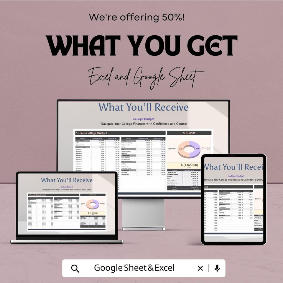 College Budget Sheet - Excel & Google Sheets Template for Managing College Expenses - 50% Off