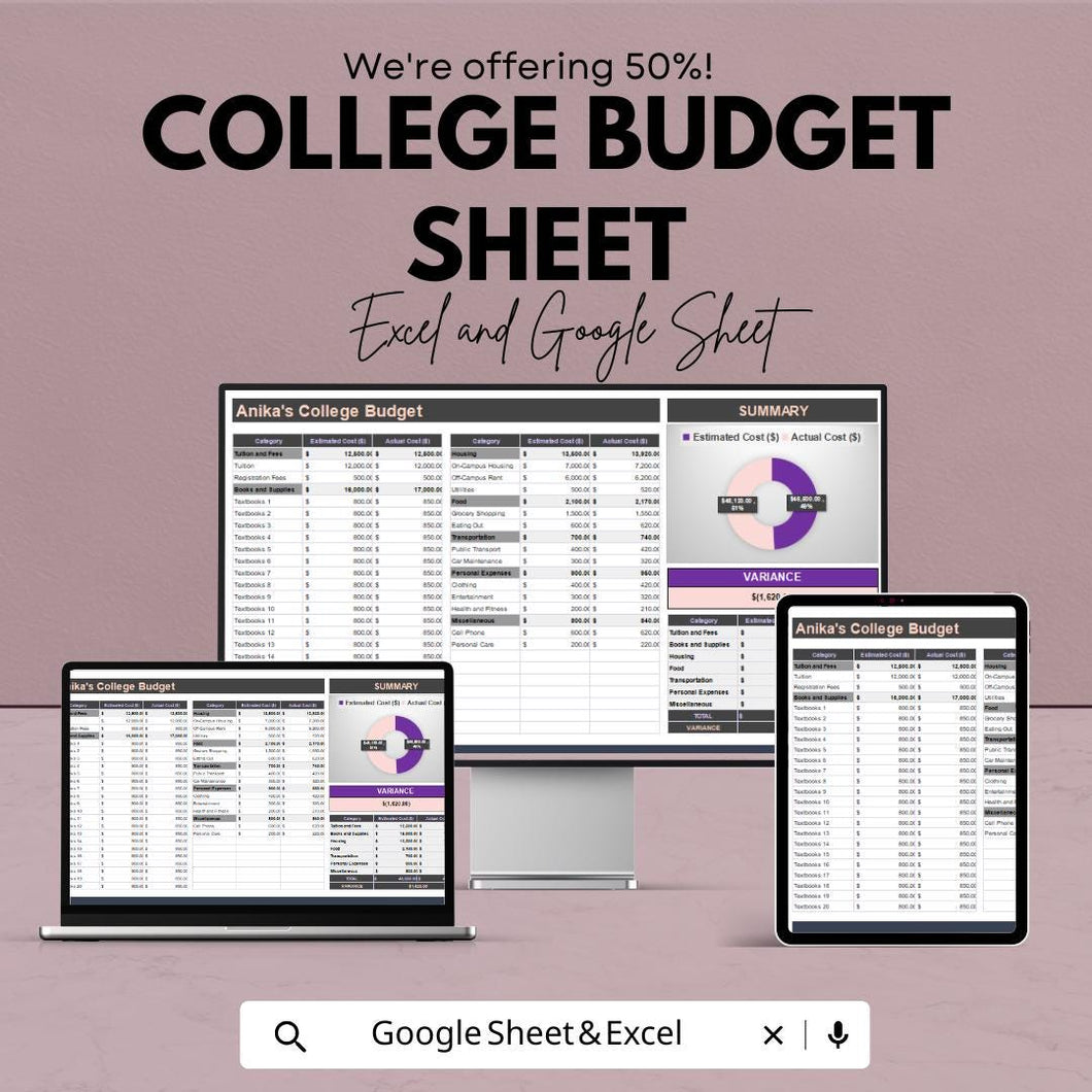 College Budget Sheet - Excel & Google Sheets Template for Managing College Expenses - 50% Off