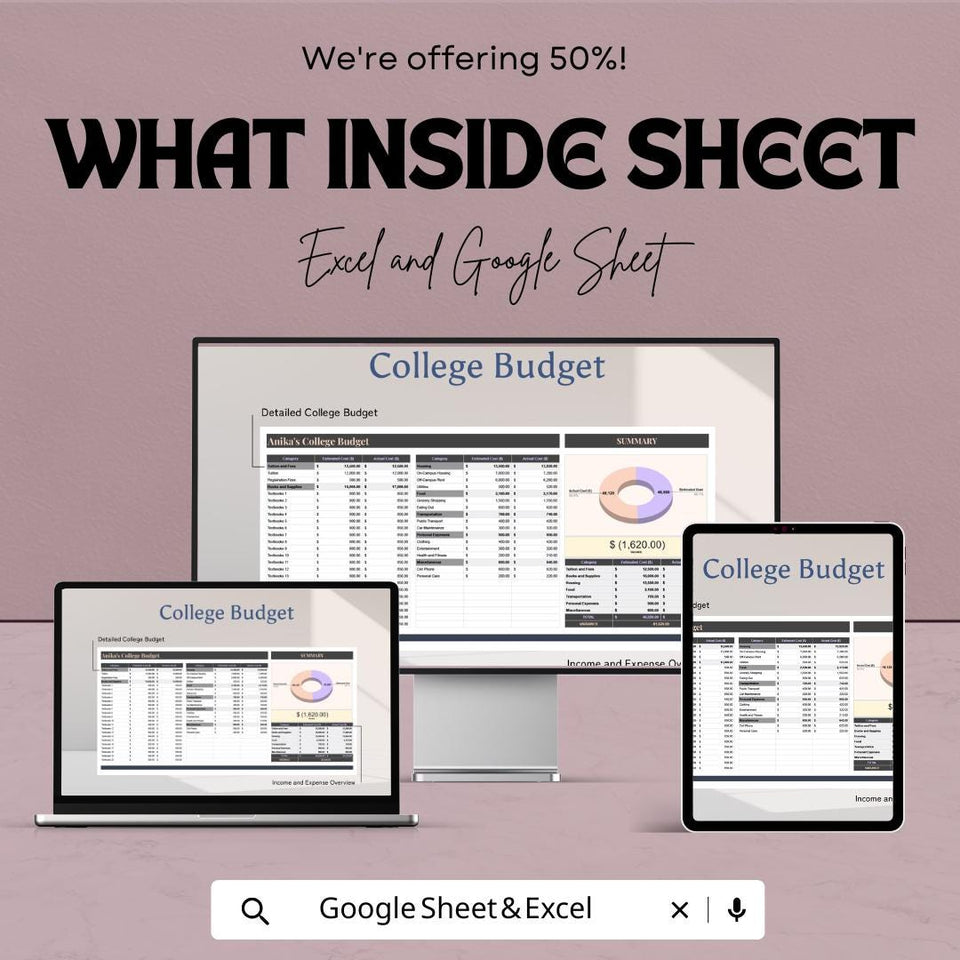 College Budget Sheet - Excel & Google Sheets Template for Managing College Expenses - 50% Off
