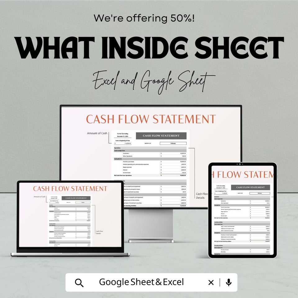 Cash Flow Statement Sheet - Excel and Google Sheets | Track Business Income and Expenses | Budget & Financial Planning