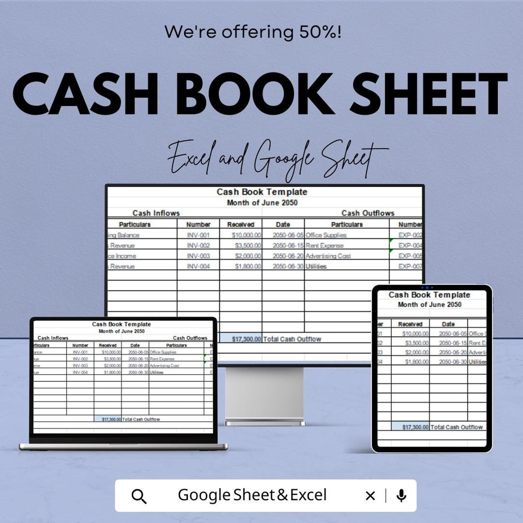 Cash Book Sheet | Excel and Google Sheets | Income & Expense Tracker | Cash Flow Management Template | Editable Finance Sheet