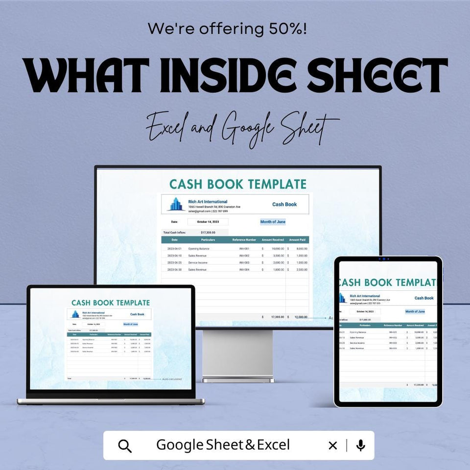 Cash Book Sheet | Excel and Google Sheets | Income & Expense Tracker | Cash Flow Management Template | Editable Finance Sheet