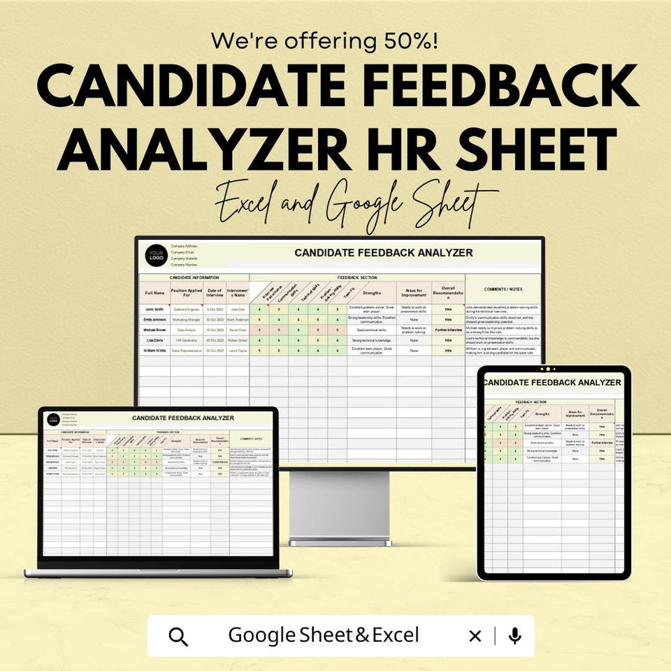 Candidate Feedback Analyzer HR Sheet | Google Sheet | HR Recruitment Feedback Template | Candidate Evaluation Tool | Hiring Decision Aid