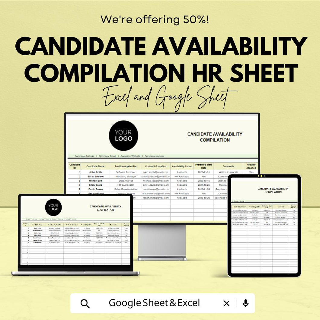 Candidate Availability Compilation HR Sheet | Recruitment Tracker | Excel & Google Sheets Template for Efficient Hiring