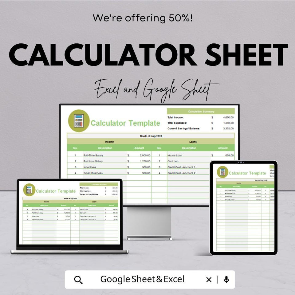 Calculator Sheet | Excel and Google Sheets | Expense Tracker | Income & Loan Calculator | Editable Budget Template