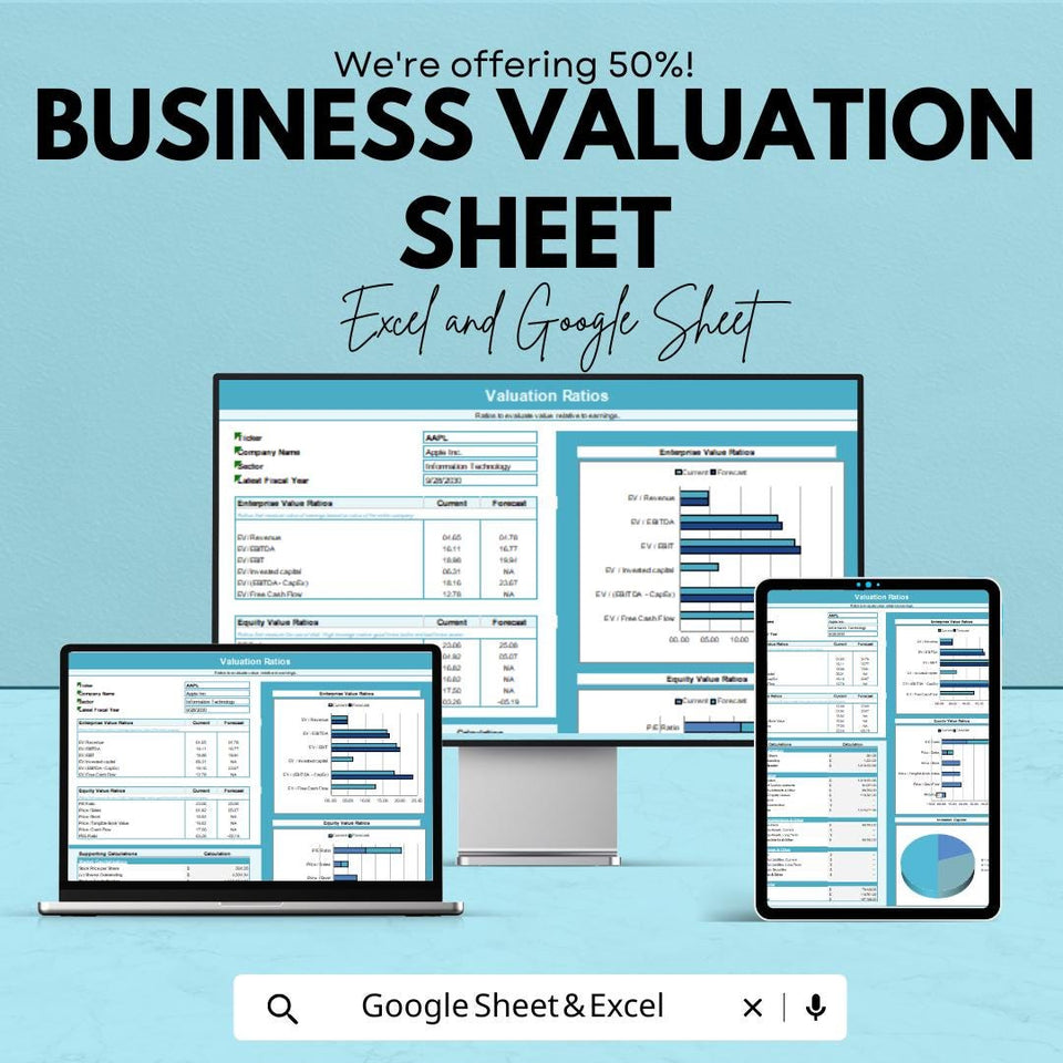 Business Valuation Sheet | Excel and Google Sheets | Financial Metrics Tracker | Business Worth Calculator | Valuation Ratios & Analysis