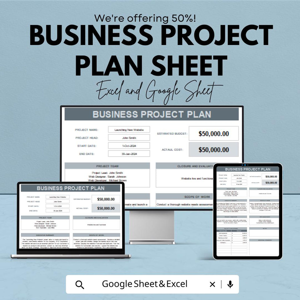 Business Project Plan Sheet | Excel & Google Sheets | Editable Project Tracker | Planning Template | Budget + Timeline + Team Details