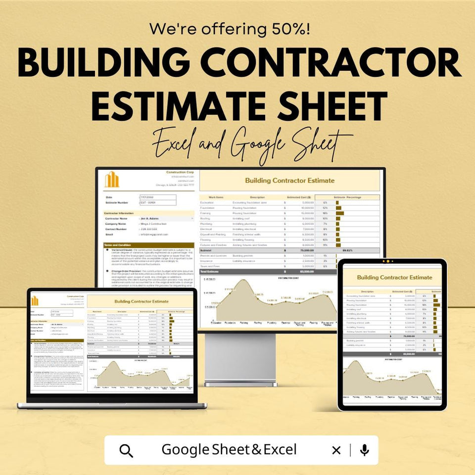 Building Contractor Estimate Sheet | Editable Excel & Google Sheet | Construction Budgeting Template | Project Cost Estimator