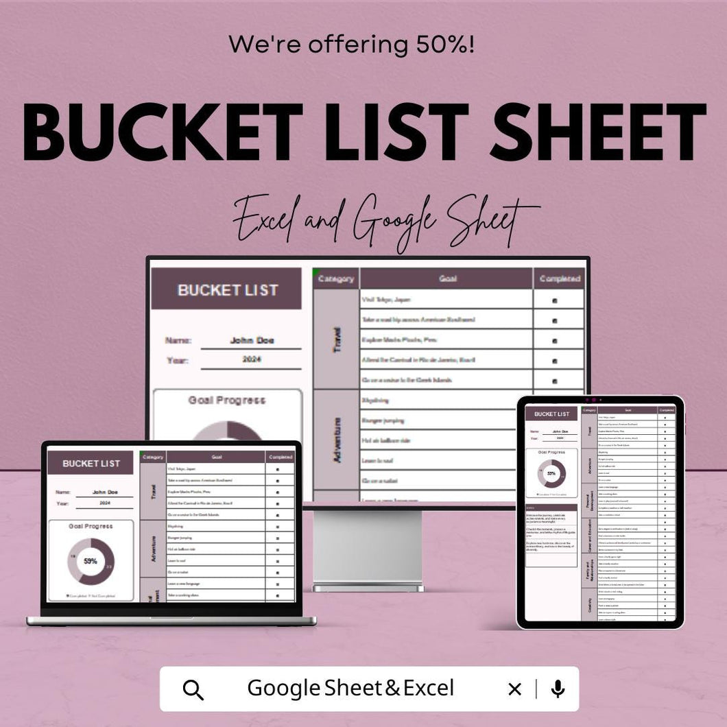 Bucket List Sheet Template | Digital Download | Google Sheets & Excel | Goal Tracker | Travel Planner | Editable Checklist