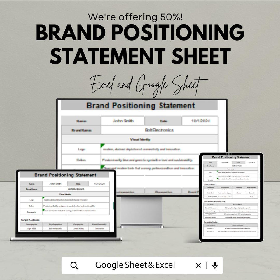 Brand Positioning Statement Template | Google Sheets & Excel | Brand Strategy Planner | Marketing Identity Sheet | Editable Business Tool