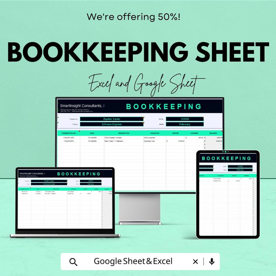 Bookkeeping Sheet Template | Excel & Google Sheets | Small Business Finance Tracker | Income Expense Log | Accounting Spreadsheet