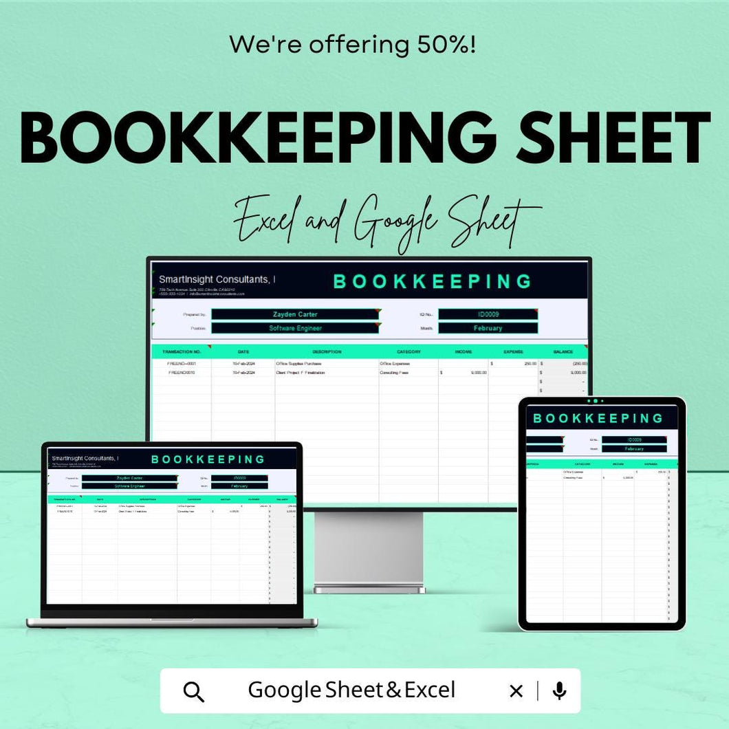 Bookkeeping Sheet Template | Excel & Google Sheets | Small Business Finance Tracker | Income Expense Log | Accounting Spreadsheet