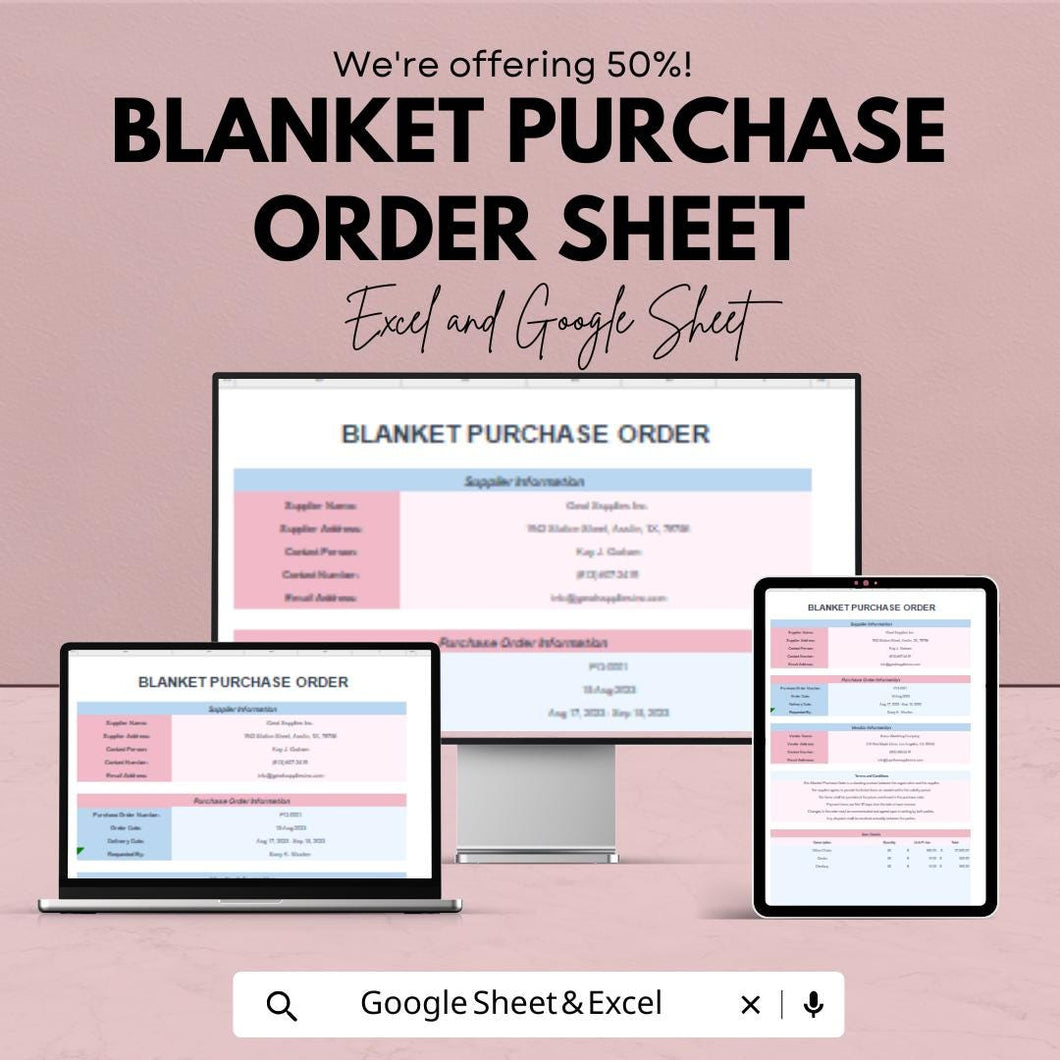 Blanket Purchase Order Sheet - Google Sheets & Excel - Purchase Order Management - Customizable Template