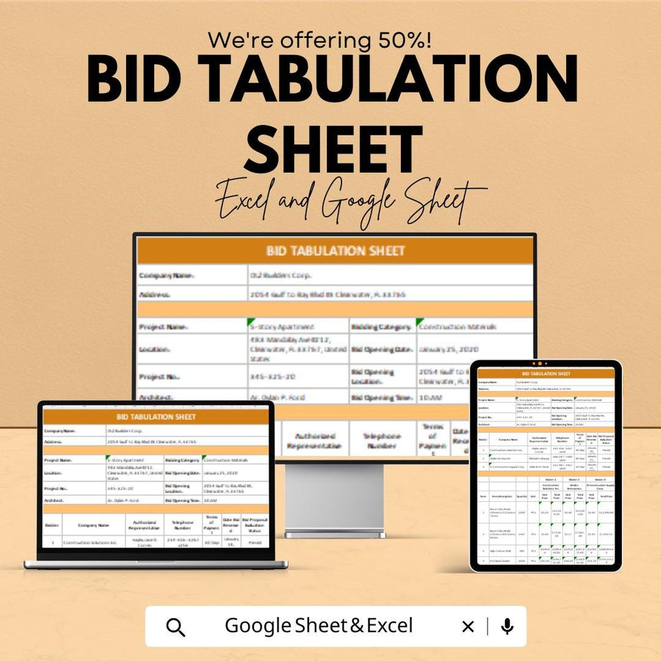 Bid Tabulation Template - Excel & Google Sheets | Vendor Comparison | Project Bid Analysis Tool