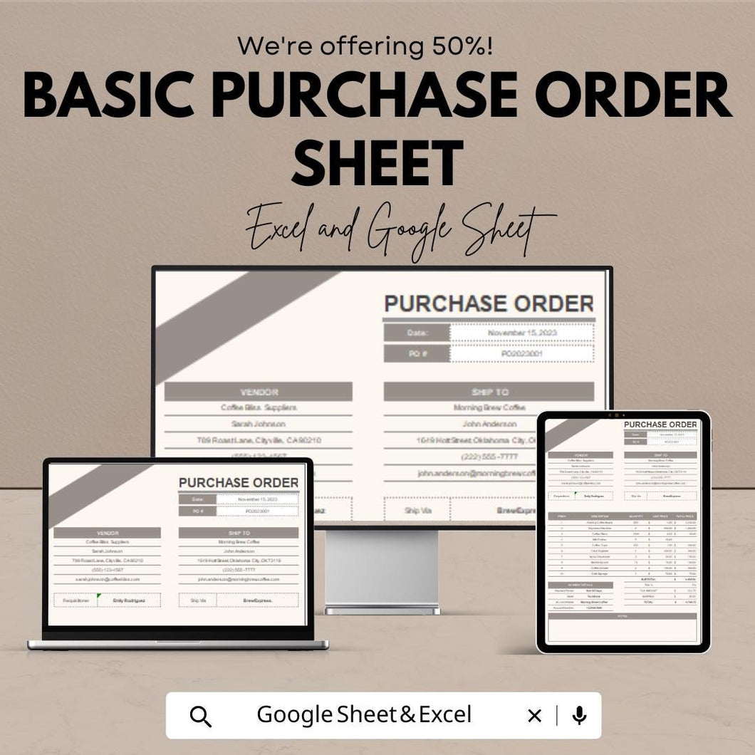Basic Purchase Order Sheet - Excel & Google Sheets | Simple Ordering System | Easy Purchase Tracking
