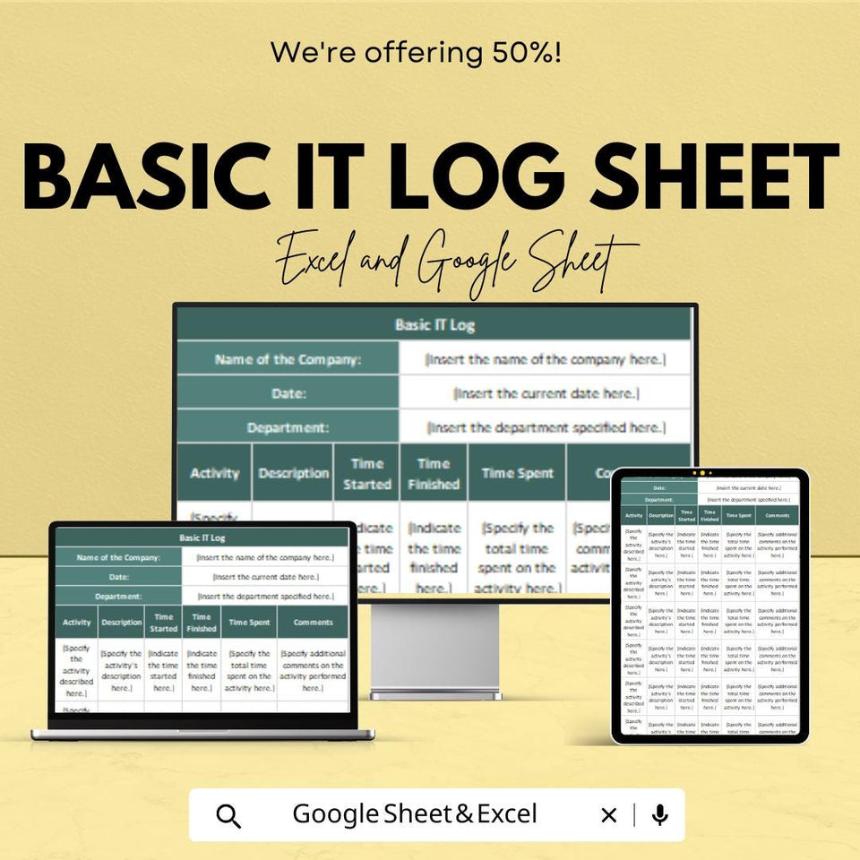 Basic IT Log Sheet | Google Sheets & Excel Template | Editable IT Activity Tracker, Time Log, Task Record Sheet for Teams