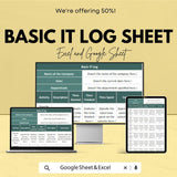 Basic IT Log Sheet | Google Sheets & Excel Template | Editable IT Activity Tracker, Time Log, Task Record Sheet for Teams