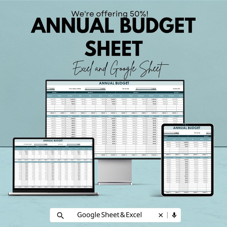 Annual Budget Sheet | Google Sheets & Excel Template | Yearly Financial Planner, Expense Tracker, Income Budget Spreadsheet