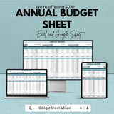 Annual Budget Sheet | Google Sheets & Excel Template | Yearly Financial Planner, Expense Tracker, Income Budget Spreadsheet