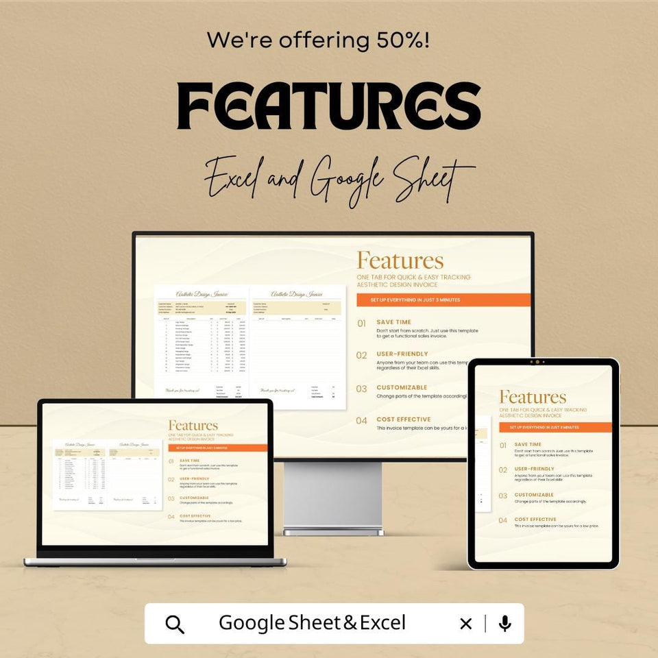 Aesthetic Design Invoice Template - Excel and Google Sheet, Professional Billing, Customizable, Track Expenses & Payments