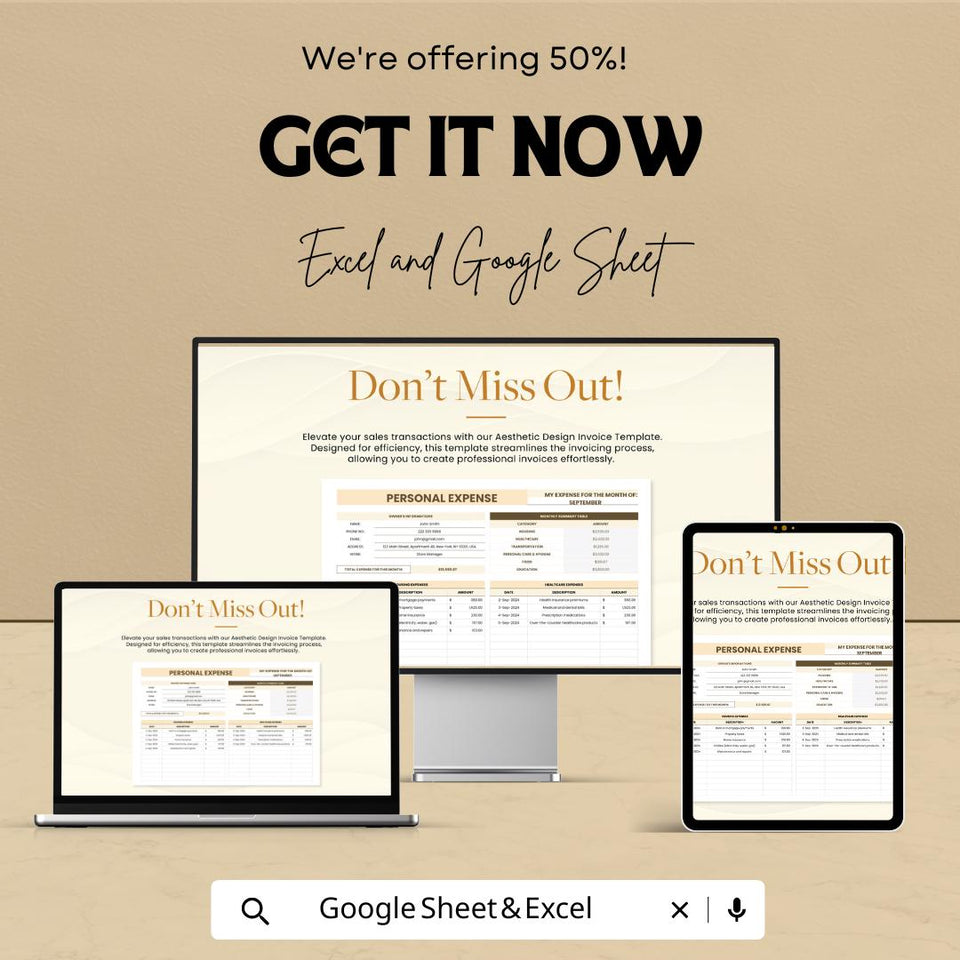Aesthetic Design Invoice Template - Excel and Google Sheet, Professional Billing, Customizable, Track Expenses & Payments