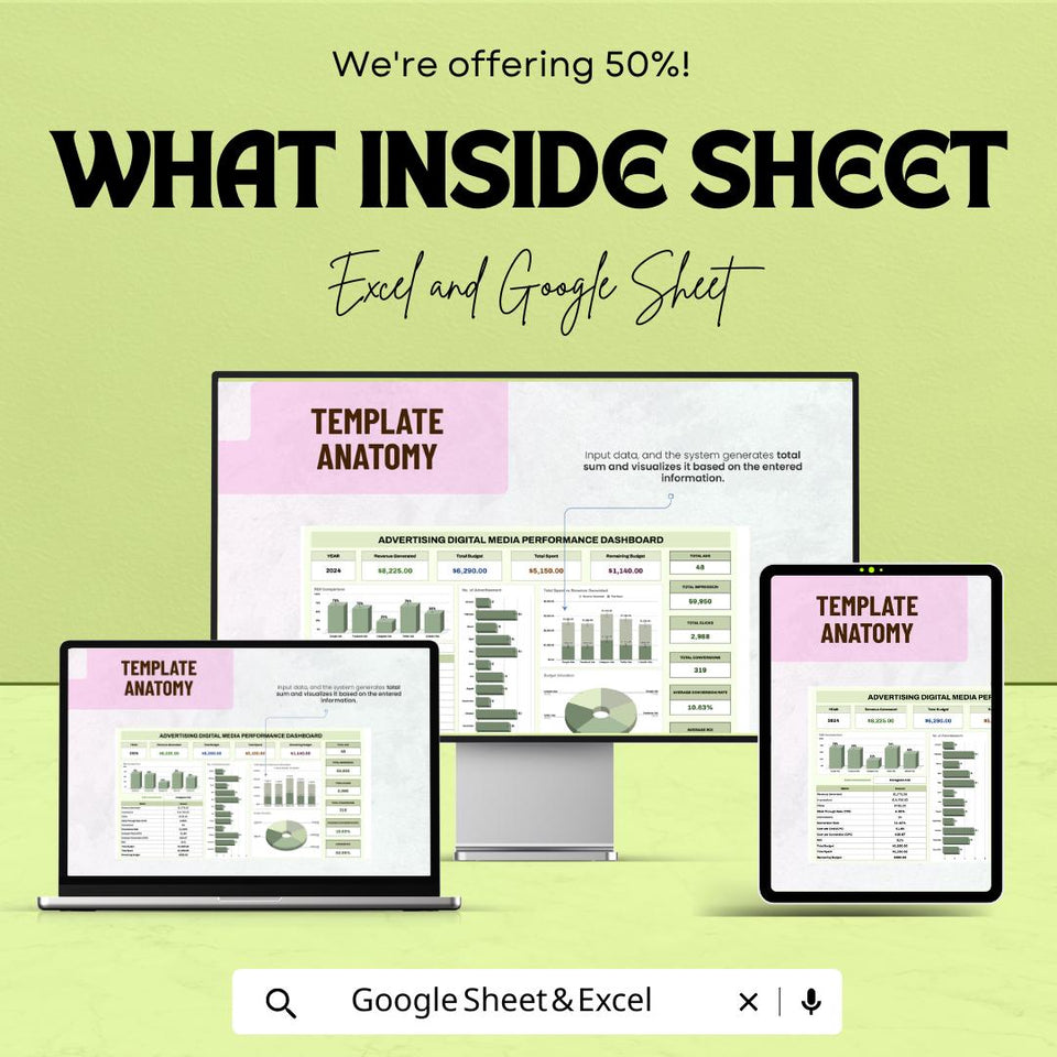 Advertising Digital Media Performance Dashboard | Excel and Google Sheets Template | Digital Ad Campaign Tracker | ROI Analysis & Metrics
