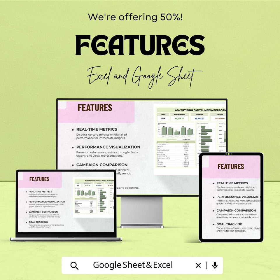 Advertising Digital Media Performance Dashboard | Excel and Google Sheets Template | Digital Ad Campaign Tracker | ROI Analysis & Metrics
