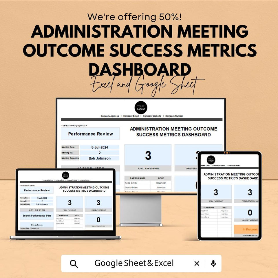 Administration Meeting Outcome Success Metrics Dashboard – Excel & Google Sheets Template for Meeting Tracking