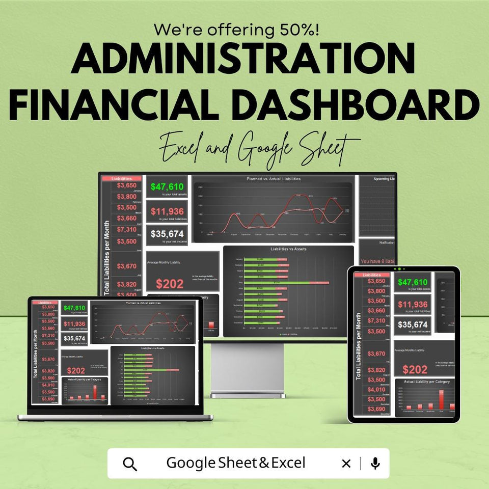 Administration Financial Dashboard – Excel and Google Sheets Template for Asset & Liability Tracking