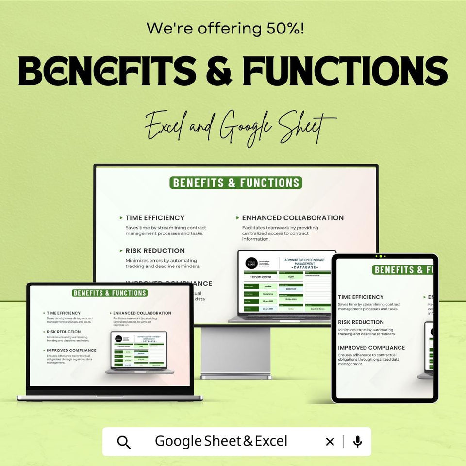 Administration Contract Management Database Sheet – Excel & Google Sheets – Contract Tracking, Renewal Reminders, and Compliance Tool