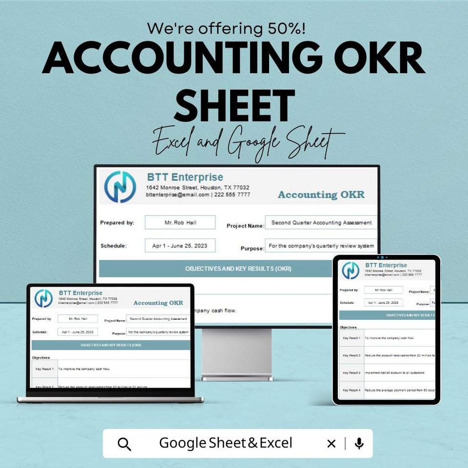 Accounting OKR Sheet | Excel & Google Sheets Goal Tracker | Objective Key Result Template | Finance OKR Planner | Editable OKR Format
