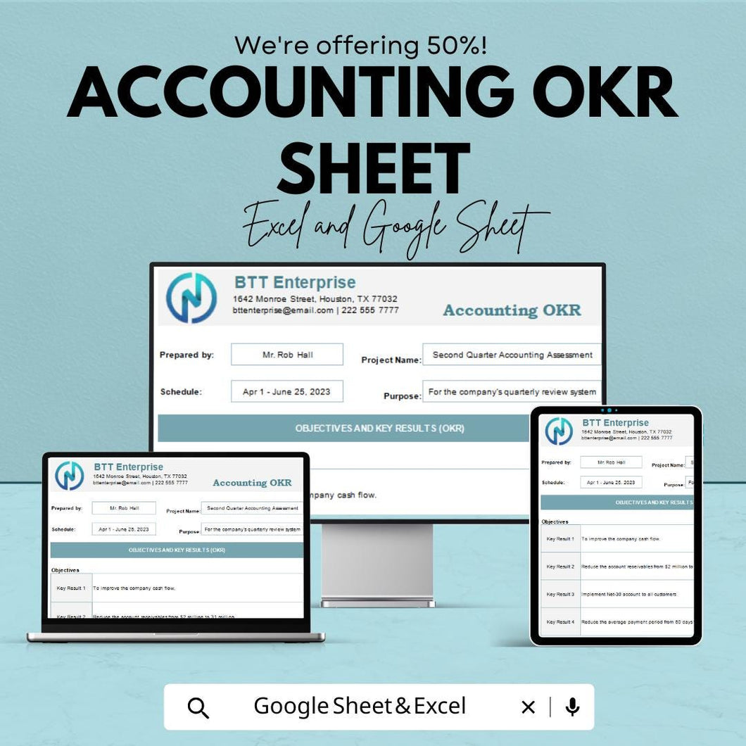 Accounting OKR Sheet | Excel & Google Sheets Goal Tracker | Objective Key Result Template | Finance OKR Planner | Editable OKR Format