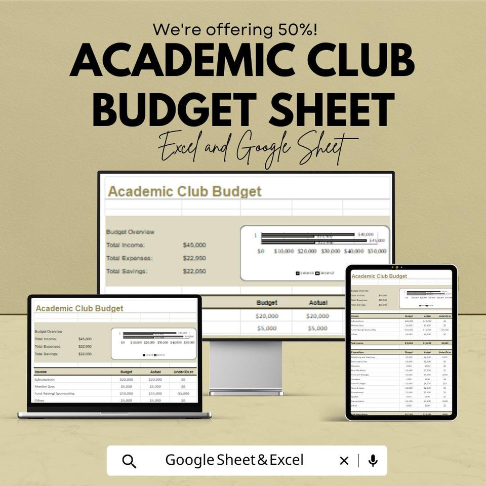 Academic Club Budget Sheet | Editable Excel & Google Sheets Template | School Club Finance Tracker | Budget Planner for Students