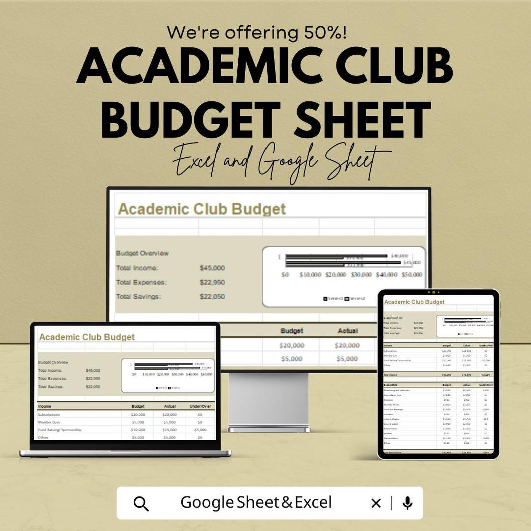 Academic Club Budget Sheet | Editable Excel & Google Sheets Template | School Club Finance Tracker | Budget Planner for Students