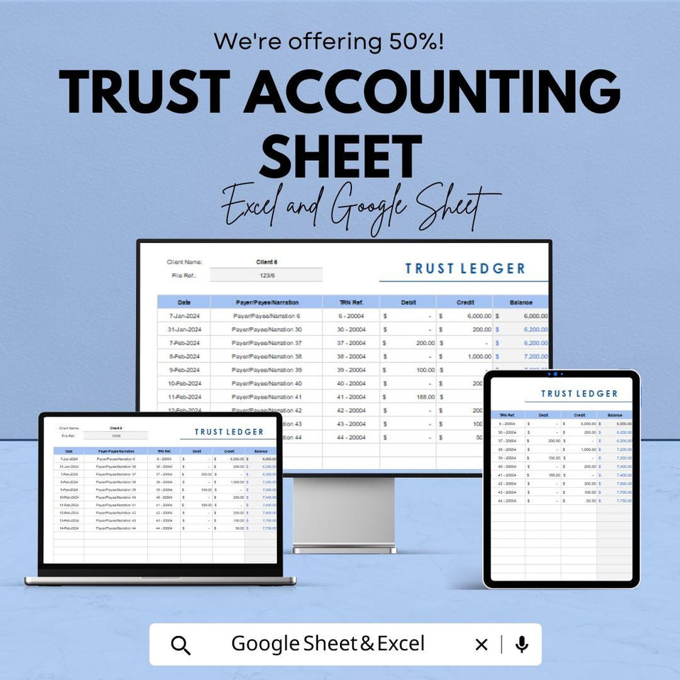 Trust Accounting Sheet | Excel and Google Sheet Template | Trust Ledger for Law Firms, Clients, Finance, Compliance & Transparency