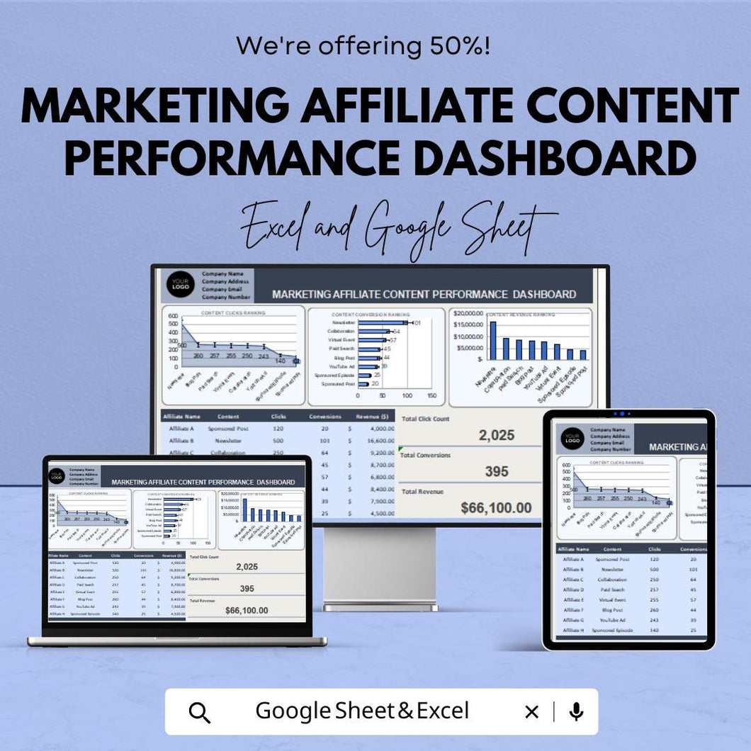 Marketing Affiliate Content Performance Dashboard | Track Clicks, Conversions and Revenue | Excel & Google Sheets | Digital Analytics Sheet