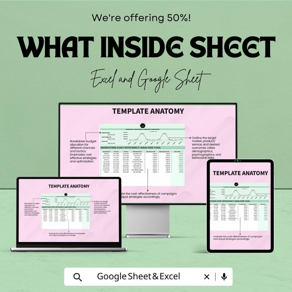 Marketing Cost Efficiency Analysis Tool Sheet | Marketing Budget Tracker | Excel & Google Sheets | Cost Optimization Tool