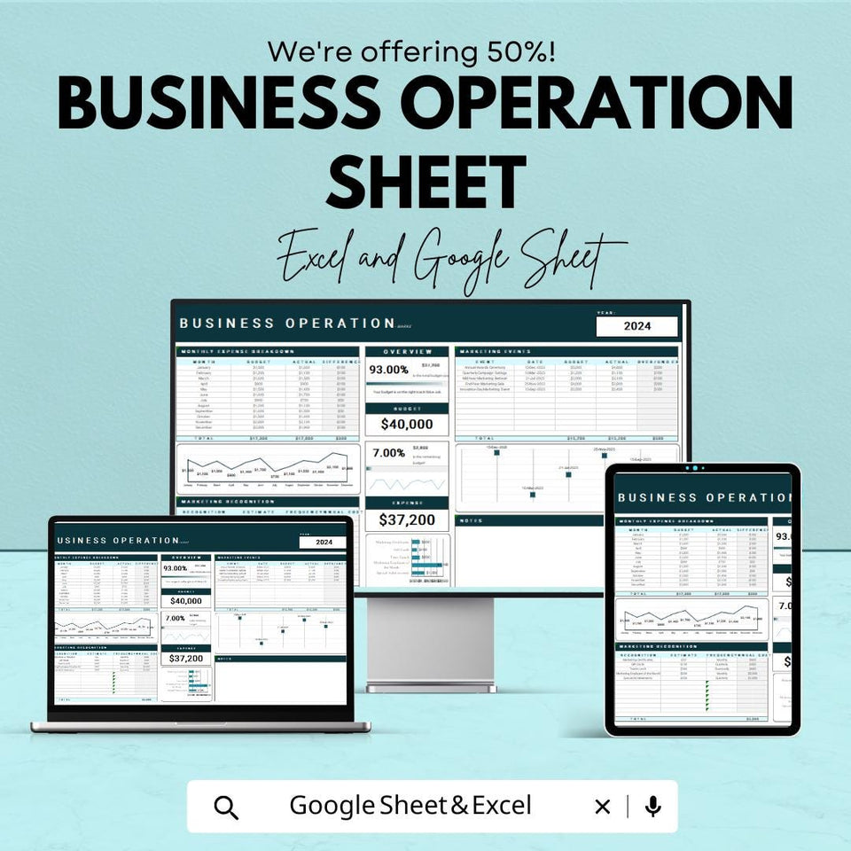 Business Operation Template - Excel & Google Sheets - Streamline Operations, Track Expenses, and Improve Efficiency - 50% Off