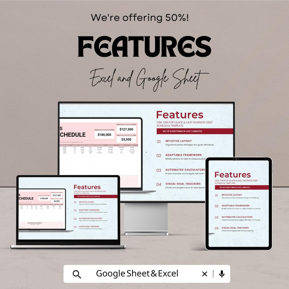 Business Debt Schedule Template - Excel & Google Sheets - Track Loan Payments and Debt Management - 50% Off