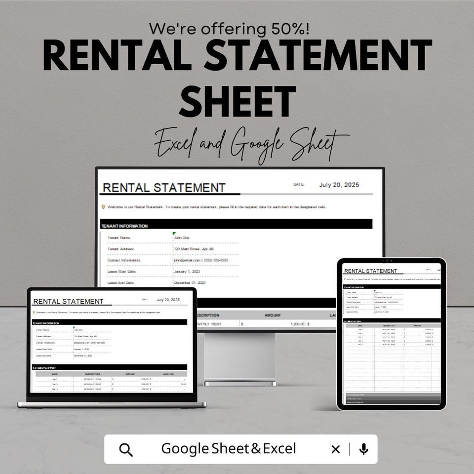 Rental Statement Template | Google Sheets & Excel | Rent Ledger | Tenant Account Summary | Instant Download