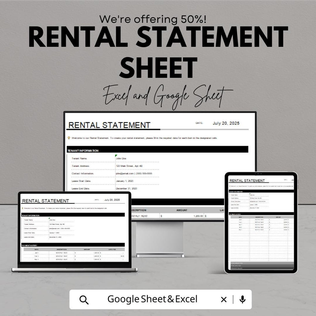 Rental Statement Template | Google Sheets & Excel | Rent Ledger | Tenant Account Summary | Instant Download