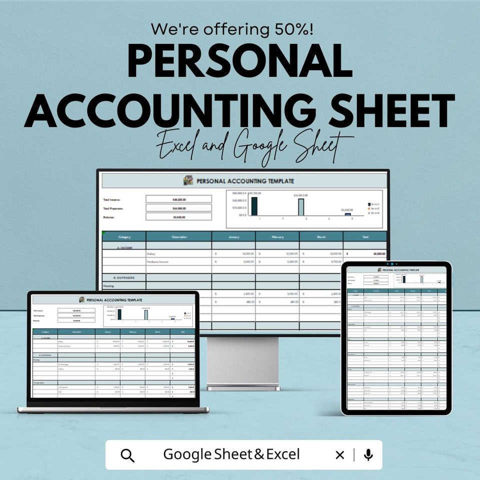 Personal Accounting Sheet | Budget Tracker | Excel & Google Sheets | Income Expense Tracker | Finance Planner Spreadsheet