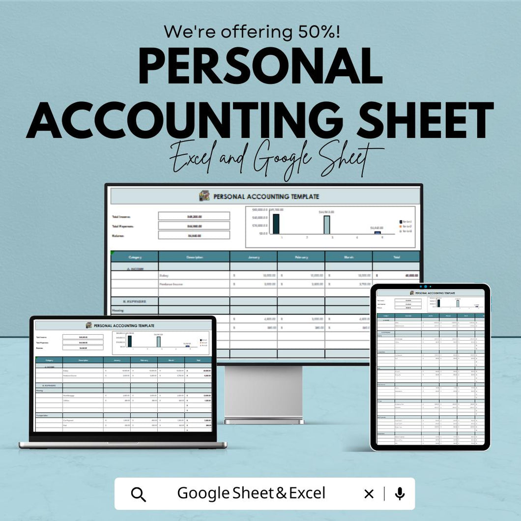 Personal Accounting Sheet | Budget Tracker | Excel & Google Sheets | Income Expense Tracker | Finance Planner Spreadsheet