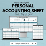 Personal Accounting Sheet | Budget Tracker | Excel & Google Sheets | Income Expense Tracker | Finance Planner Spreadsheet