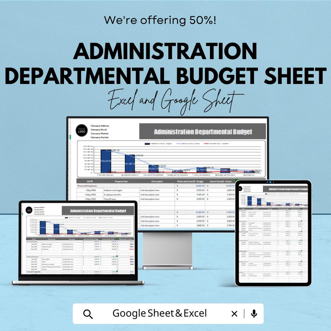 Administration Departmental Budget Sheet – Excel and Google Sheet Template for Budgeting, Financial Management & Expense Tracking