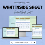 Middle School Schedule Sheet | Weekly Planner | Excel & Google Sheets Template