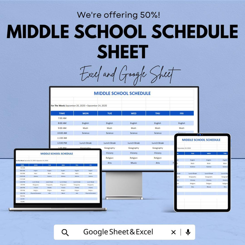 Middle School Schedule Sheet | Weekly Planner | Excel & Google Sheets Template