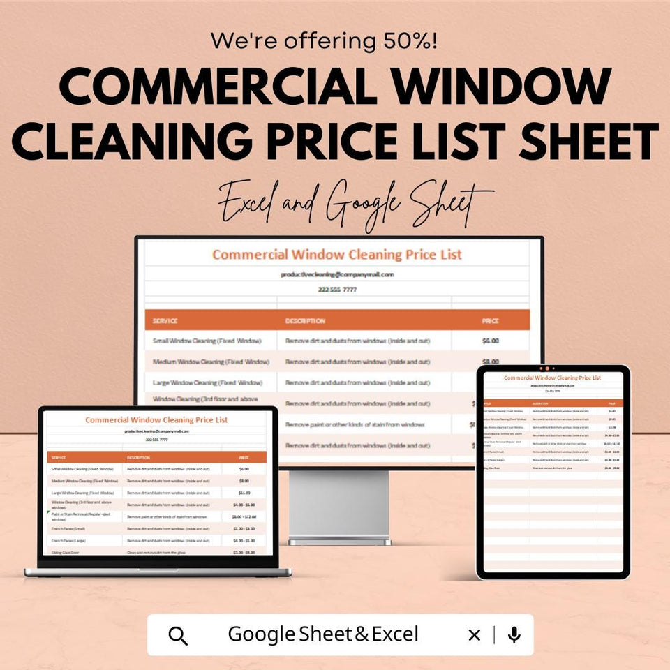Commercial Window Cleaning Price List Sheet | Excel & Google Sheets Template | Pricing Guide for Cleaners