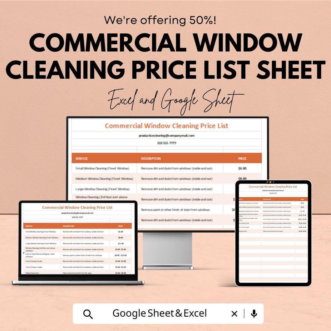 Commercial Window Cleaning Price List Sheet | Excel & Google Sheets Template | Pricing Guide for Cleaners