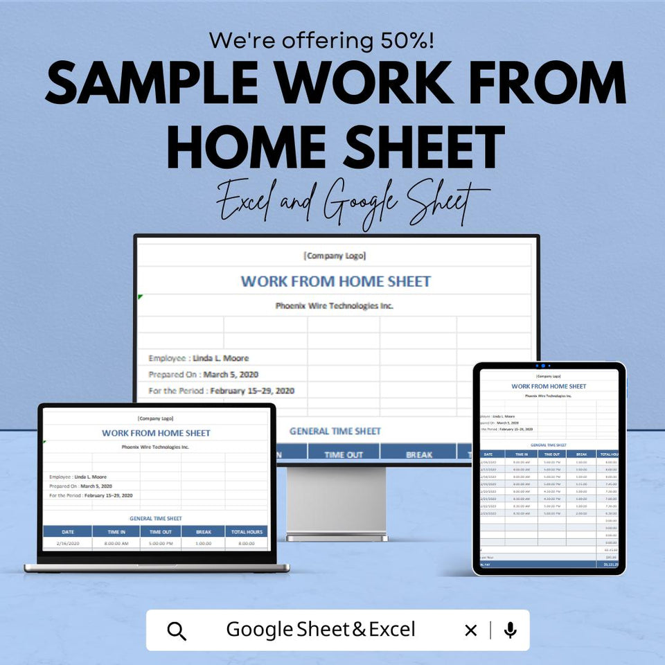 Sample Work From Home Sheet | Employee Time Tracker | Work Log Template for Excel & Google Sheets | Daily Log | Time Management